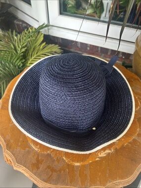 Vintage Navy Straw Sun Hat with White Trim